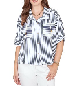 ���r�[�A�[���f�B�[ ���f�B�[�X �g�b�v�X �V���c �W���P�b�g Ruby Rd. Spliced Stripe Spread Collar 3/4 Roll-Tab Sleeve Button-Front Jacket Bright Navy Multi �l�C�r�[