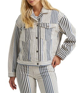 �����O���[ ���f�B�[�X �A�E�^�[ �R�[�g �v�����g �f�j�� �W���P�b�g Wrangler Cowgirl Cut Stripe Print Spread Collar Long Sleeve Coordinating Denim Jacket Multi Blue Stripe �u���[