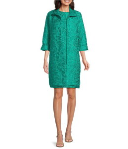 �L�������C�� ���[�Y ���f�B�[�X �A�E�^�[ �R�[�g �t�����[�� �t�����[ �W���P�b�g Caroline Rose Tonal Garden Floral Cloque Spread Collar Cuffed Bracelet Sleeve Coordinating Long Statement Jacket Jade