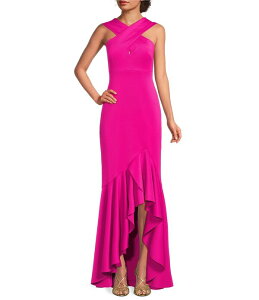 �G���U�W�F�C ���f�B�[�X �g�b�v�X �����s�[�X �N���[�v �t���� �z���^�[ Eliza J Criss Cross Halter Hi Lo Ruffle Front Crepe Dress Hot Pink �s���N