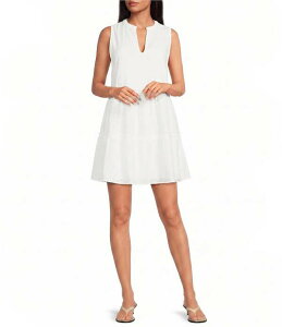 �G���� ���f�B�[�X �g�b�v�X �����s�[�X V�l�b�N �e�B�A�[�h �m�[�X���[�u ELAN Eyelet V-Neck Sleeveless Tiered Shift Dress White �z���C�g