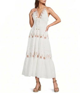 �G���� ���f�B�[�X �g�b�v�X �����s�[�X V�l�b�N �m�[�X���[�u �h�J �}�L�V �z���^�[ ELAN Woven Embroidered Tassel Front Halter V- Neck Sleeveless Maxi Dress White �z���C�g