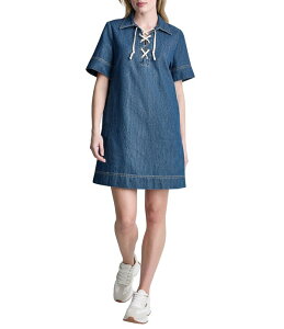 �_�i�L������ ���f�B�[�X �g�b�v�X �����s�[�X �f�j�� ���[�X �W�[���Y DKNY Jeans by Donna Karan Denim Point Collar Short Sleeve Lace Front Shift Dress Rustic Indigo �C���f�B�S