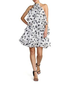 �}�b�N�_�K�� ���f�B�[�X �g�b�v�X �����s�[�X �h�b�g�� �h�b�g �t���� �~�j �z���^�[ Mac Duggal Polka Dot Organza Halteruffle Mini Dress Black Ivory �A�C�{���[