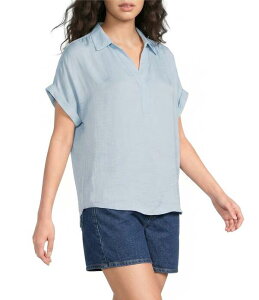 �M�u�\���A���h���e�B�}�[ ���f�B�[�X �g�b�v�X �V���c V�l�b�N �L���b�v Gibson & Latimer Woven Collared V-Neck Cap Sleeve Hi-Low Top Light Blue �u���[