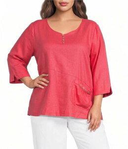 �A�� �}�C���X ���f�B�[�X �g�b�v�X �V���c �v���X�T�C�Y ���l�� Ali Miles Plusize Linen-Blend Round Neck 3/4 Sleeve Top Watermelon