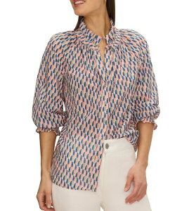 �j�b�N�A���h�]�[ ���f�B�[�X �g�b�v�X �V���c �t���� NIC + ZOE Sideways Crinkle Ruffle Stand Collar 3/4 Sleeve Shirt Pink Multi �s���N