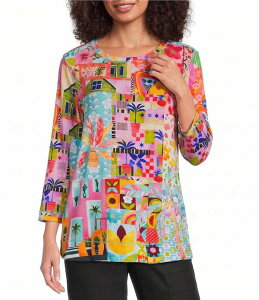 �A�� �}�C���X ���f�B�[�X �g�b�v�X �J�b�g�\�[ �v�����g Ali Miles Pink Multi Print Round Nek 3/4 Sleeve Tunic Pink Print �s���N