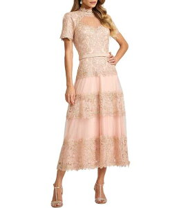�^�_�V�V���[�W ���f�B�[�X �g�b�v�X �����s�[�X �e�B�A�[�h �~�f�B ���[�X Tadashi Shoji Short Sleeve Corded Lace Tiered Midi Dress Petal/Gold �S�[���h