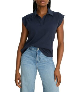 �j�b�N�A���h�]�[ ���f�B�[�X �g�b�v�X �V���c �L���b�v NIC + ZOE Coastal Cinkle Split Shirt Collar Neck Cap Sleeve Top Dark Indigo �C���f�B�S
