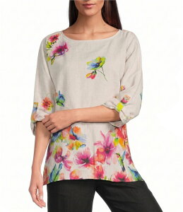 �A�� �}�C���X ���f�B�[�X �g�b�v�X �V���c �t�����[�� �v�����g �t�����[ Ali Miles Floral Border Print Round Neck 3/4 Dolman Sleeve Top Floral Multi �}���`�J���[