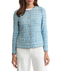 �~���E�H�� ���f�B�[�X �A�E�^�[ �R�[�g �c�C�[�h �j�b�g �W���P�b�g Ming Wang Tweed Knit Round Neck Long Sleeve Button Front Jacket Serene/Nebula/Limestone