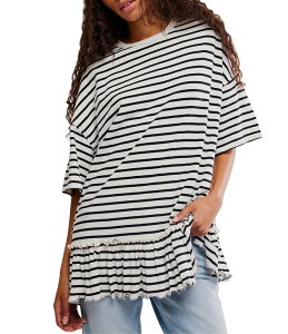 �t���[�s�[�v�� ���f�B�[�X �g�b�v�X T�V���c �N���[�l�b�N �t���� Free People We The Free Whyestriped Crew Neck Short Sleeve Ruffled Hem Tee Black And White Combo �z���C�g