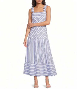 �G�[���u�Y�G�[ ���f�B�[�X �g�b�v�X �����s�[�X A ���C�� �~�f�B �m�[�X���[�u A Loves A Stripe Pattern Square Neck Sleeveless Woven A-Line Midi Dress Medium Blue �u���[