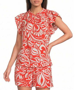 �X�J�C�Y�A�u���[ ���f�B�[�X �g�b�v�X �V���c V�l�b�N �v�����g �t���� Skies Are Blue Printed Split V-Neck Ruffle Sleeve Coordinating Top Coral �R�[����