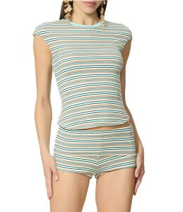 �G�[�G�t�A�[���G�� ���f�B�[�X �g�b�v�X T�V���c �N���[�l�b�N ���u AFRM Nolan Striped Crew Neck Short Sleeve Ribbed Tee Aqua Stripe �A�N�A