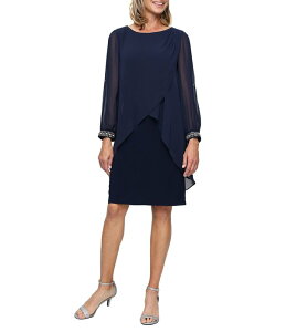 �C�O�i�C�g ���f�B�[�X �g�b�v�X �����s�[�X �v�` �I�[�o�[���C Ignitevenings Petite Size Scoop Neck Illusion Bubble Sleeve with Beaded Cuff and Tulip Overlay Sheath Dress Navy �l�C�r�[