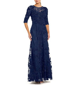 �}�b�N�_�K�� ���f�B�[�X �g�b�v�X �����s�[�X A ���C�� �h�J Mac Duggal Illusioneck Embroidered A Line Gownavy �l�C�r�[