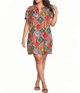 �V���K�[���b�v�X ���f�B�[�X �g�b�v�X �����s�[�X �v���X�T�C�Y �v�����g �~�j Sugarlips Plusize Tropical Trapeze Printed Split Neck Short Sleeve Mini Shift Dress Olive-Multi �I���[�u