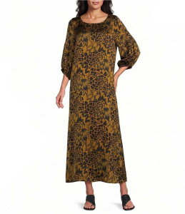 �u���C�� �E�H�[�J�[ ���f�B�[�X �g�b�v�X �����s�[�X �v�����g �T�e�� Bryn Walker Satiny Woven Feather Print Round Neck 3/4 Sleeve Oversized Lanterna Dress Quinquina