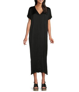 �u���C�� �E�H�[�J�[ ���f�B�[�X �g�b�v�X �����s�[�X V�l�b�N �T�e�� �L���b�v Bryn Walkerebecca Satiny Woven V-Neck Cap Sleeve Oversizedress Black �u���b�N