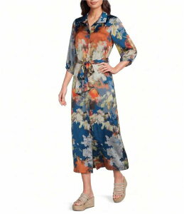 �u���C�� �E�H�[�J�[ ���f�B�[�X �g�b�v�X �����s�[�X �v�����g �V���c Bryn Walker Geraldine Woven Fiori Print Mandarin Collar Elbow Sleeve Button-Front Belted Shirt Dress Fiori