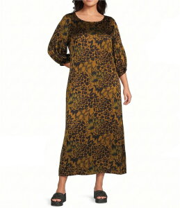 �u���C�� �E�H�[�J�[ ���f�B�[�X �g�b�v�X �����s�[�X �v���X�T�C�Y �v�����g Bryn Walker Plusize Feather Print Round Neck 3/4 Sleeve Oversizedress Quinquina