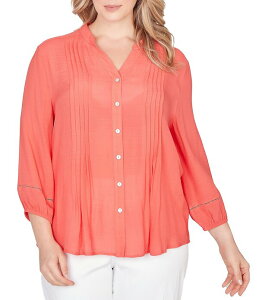 ���r�[�A�[���f�B�[ ���f�B�[�X �g�b�v�X �V���c V�l�b�N �v���X�T�C�Y �V���N Ruby Rd. Plusize Silky Slub Woven Split V-Neck 3/4 Sleeve Button Frontop Deep Coral �R�[����