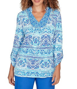 ���r�[�A�[���f�B�[ ���f�B�[�X �g�b�v�X T�V���c V�l�b�N �v�` �j�b�g Ruby Rd. Petite Size Slub Knit Woodblock V-Neck 3/4 Roll-Tab Sleeve Top Aruba Blue Multi �u���[