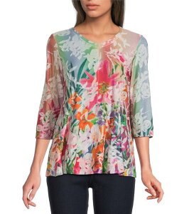 �A�� �}�C���X ���f�B�[�X �g�b�v�X T�V���c V�l�b�N �v�` �v�����g �j�b�g Ali Miles Petite Size Burnout Knitropical Print V-Neck 3/4 Sleeve Top Tropical Multi �}���`�J���[