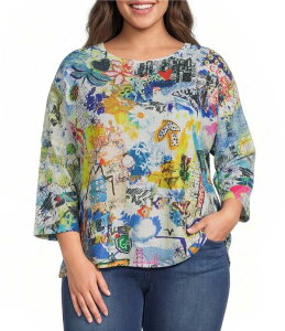 �A�� �}�C���X ���f�B�[�X �g�b�v�X T�V���c �N���[�l�b�N �v���X�T�C�Y �j�b�g Ali Miles Plusize Knit Graffiti Doodle Abstract Crew Neck 3/4 Sleeve High-Low Top Multi �}���`�J���[