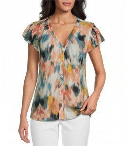 �E�G�X�g�o�E���h ���f�B�[�X �g�b�v�X �V���c V�l�b�N �v�` Westbound Petite Size V-Neck Button Front Flutter Sleeve Top Abstract Orb