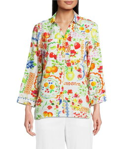 �A�� �}�C���X ���f�B�[�X �g�b�v�X �V���c �v�` �v�����g Ali Miles Petite Size Allover Multi Fruit Print Point Collar 3/4 Roll-Tab Sleeve Button-Front Shirt Multi �}���`�J���[