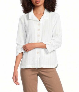 �A�� �}�C���X ���f�B�[�X �g�b�v�X �V���c �v�` Ali Miles Petite Size Woven Dotted Stripe Wire Collar 3/4 Sleeve Button-Front Shirt Khaki �J�[�L