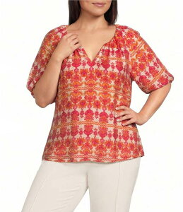 �C���x�X�g�����c ���f�B�[�X �g�b�v�X �V���c �v���X�T�C�Y �v�����g �u���E�X Investments Plusize Bold Geo Stripe Print 3/4 Bubble Sleeve Split Round Neck Blouse Multi Bold Geo Stripe �}���`�J���[