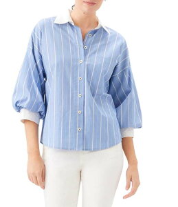 �J�����P�[�� ���f�B�[�X �g�b�v�X �V���c �v�` Karen Kane Petite Size Stripe Point Collar 3/4 Lantern Sleeve Button-Front Shirt Blue/Off White �I�t�z���C�g