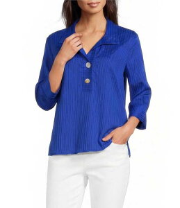 �A�� �}�C���X ���f�B�[�X �g�b�v�X �V���c Ali Miles Woven Yarn-Dyed Stripe Wire Collar 3/4 Sleeve Button Front Placket Shirt Electric Blue �u���[