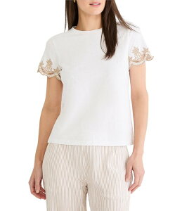 �j�b�N�A���h�]�[ ���f�B�[�X �g�b�v�X T�V���c �j�b�g NIC + ZOE Slub Knit Round Neck Short Deco Sleeve Tee Paper White �z���C�g