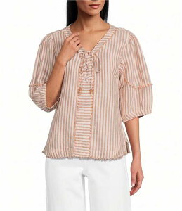 �W���� �}�[�N ���f�B�[�X �g�b�v�X �V���c V�l�b�N ���[�X John Mark Woven Yarn-Dye Stripe Lace Up V-Neck 3/4 Sleeve Frayed Top Gold Stripe �S�[���h