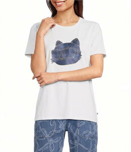 �J�[�� ���K�[�t�F���h ���f�B�[�X �g�b�v�X T�V���c �N���[�l�b�N �f�j�� �j�b�g KARLAGERFELD PARIS Knit Denim Choupette Cat Crew Neck Short Sleeve Tee White �z���C�g