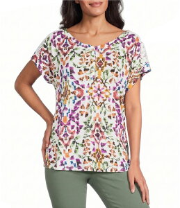 �A���\�� �f�C���[ ���f�B�[�X �g�b�v�X T�V���c V�l�b�N �j�b�g Allison Daley Multi Mosaic Pattern Short Sleeve V-Necknitop Multi Watercolor Mosaic �}���`�J���[