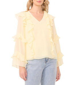 �����X�e�[�g ���f�B�[�X �g�b�v�X �V���c V�l�b�N �t���� 1. STATE V-Neck Long Sleeve Ruffle Topastel Yellow �C�G���[