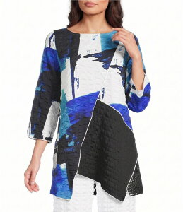 �A�C�V�[�R���N�V���� ���f�B�[�X �g�b�v�X �V���c �v�����g ���b�V�� ICollection Pucker Mesh Abstratc Print Scoop Neck Bracelet Sleeve Tunic Blue �u���[