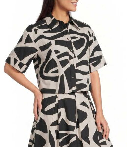 �M�u�\���A���h���e�B�}�[ ���f�B�[�X �g�b�v�X �V���c �v�����g �N���b�v�h Gibson & Latimer Modern Geo Print Collared Short Sleeve Button Front Cropped Coordinating Shirt Modern Geo
