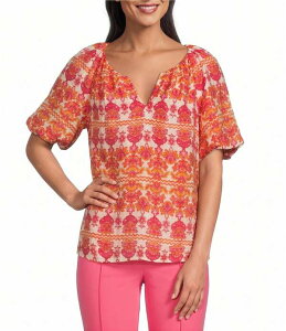�C���x�X�g�����c ���f�B�[�X �g�b�v�X �V���c �v�����g �u���E�X Investments Bold Geo Stripe Print 3/4 Bubble Sleeve Split Round Neck Blouse Multi Bold Geo Stripe �}���`�J���[
