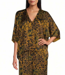 �u���C�� �E�H�[�J�[ ���f�B�[�X �g�b�v�X �V���c V�l�b�N �v�����g �M���U�[ Bryn Walkeria Feather Print V-Neck Short Dolman Sleeve Ruched Frontie Hem Coordinating Shirt Quinquina