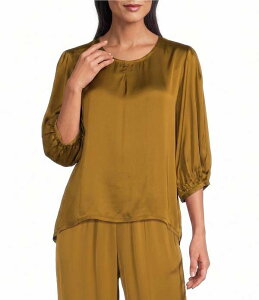 �u���C�� �E�H�[�J�[ ���f�B�[�X �g�b�v�X �V���c �T�e�� Bryn Walker Lucinda Satin Woven Solid Round Neck 3/4 Sleeve Hi-Low Hem Coordinating Shirt Quinquina