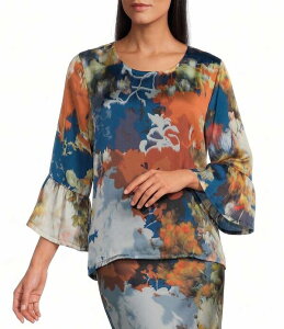 �u���C�� �E�H�[�J�[ ���f�B�[�X �g�b�v�X �V���c �v�����g �t���� Bryn Walker Fran Fiori Print Round Neck 3/4 Ruffle Bell Sleeve Hi-Low Hem Coordinating Shirt Fiori