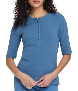 �G�k���C�f�B�[�W�F�C ���f�B�[�X �g�b�v�X T�V���c �w�����[�l�b�N ���u �j�b�g NYDJ Ribbed Knit Henley Neck Short Sleeve Top Indigo Melody �C���f�B�S