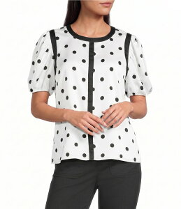 �J�[�� ���K�[�t�F���h ���f�B�[�X �g�b�v�X �V���c �h�b�g�� �h�b�g �u���E�X KARLAGERFELD PARIS Polka Dot Round Neck Short Puff Sleeve Blouse Soft White/Black �z���C�g